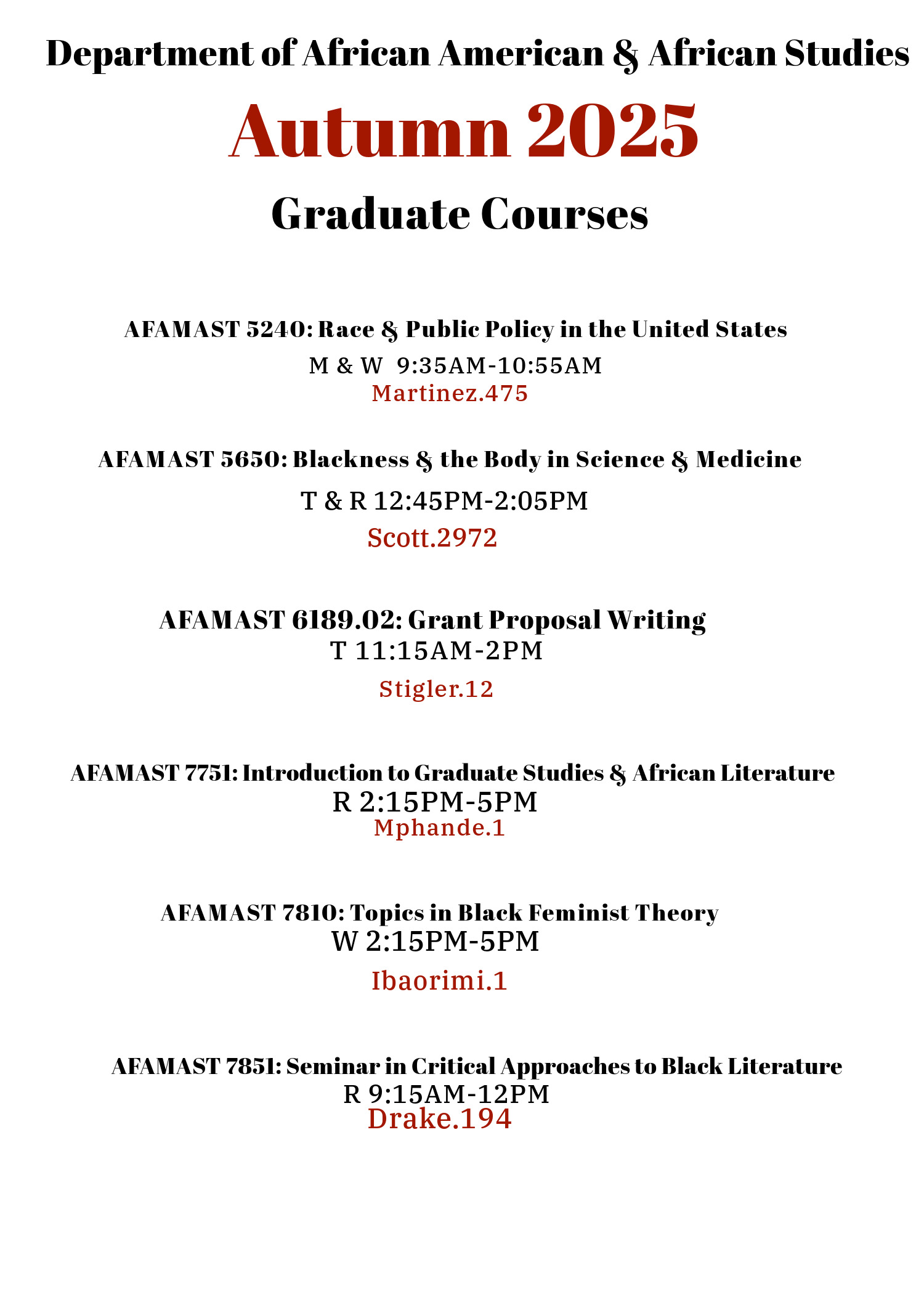 AAAS Autumn Graduate Course Offerings