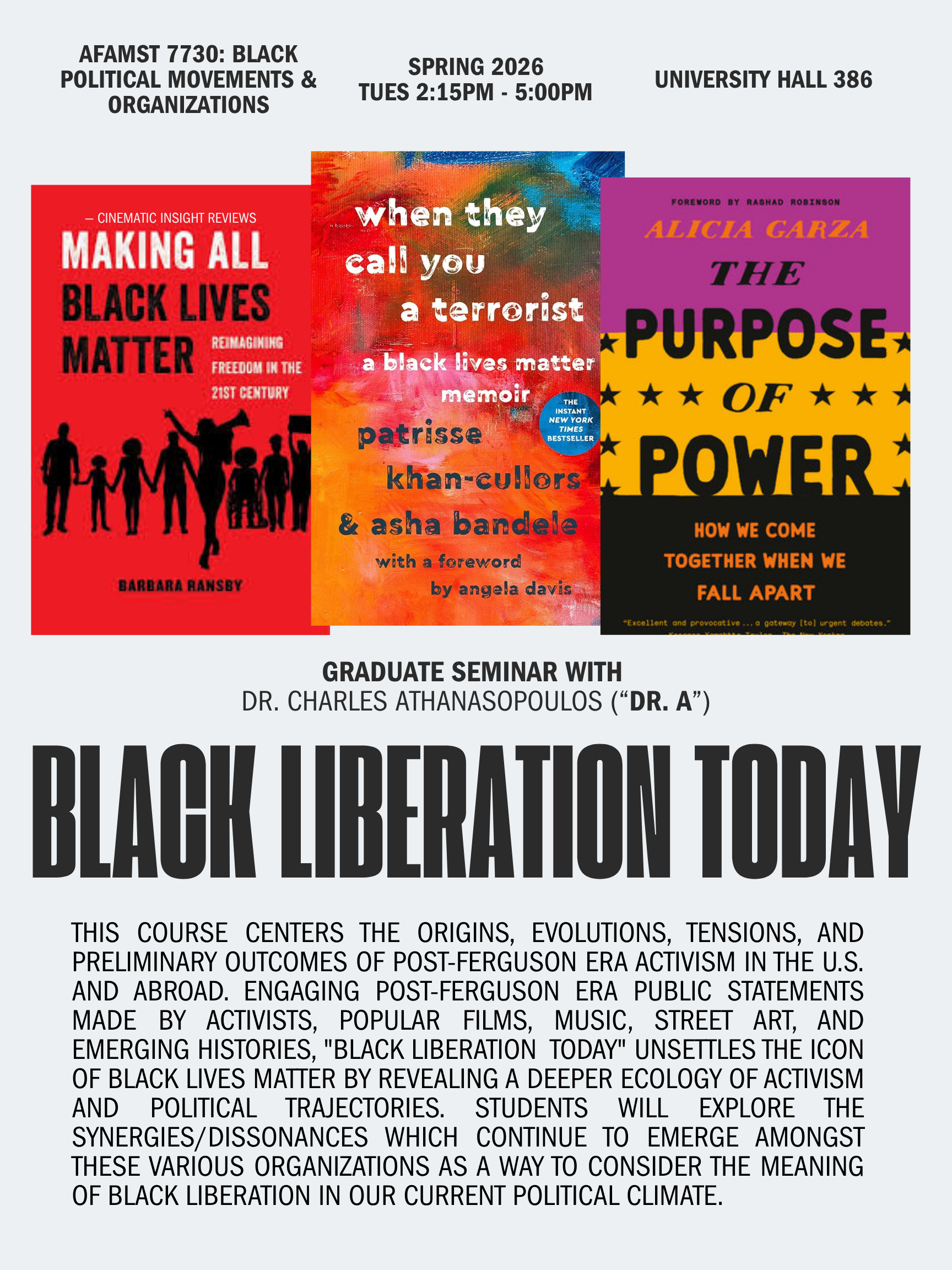 This is a course flyer for Black Political Movements and Organizations. 