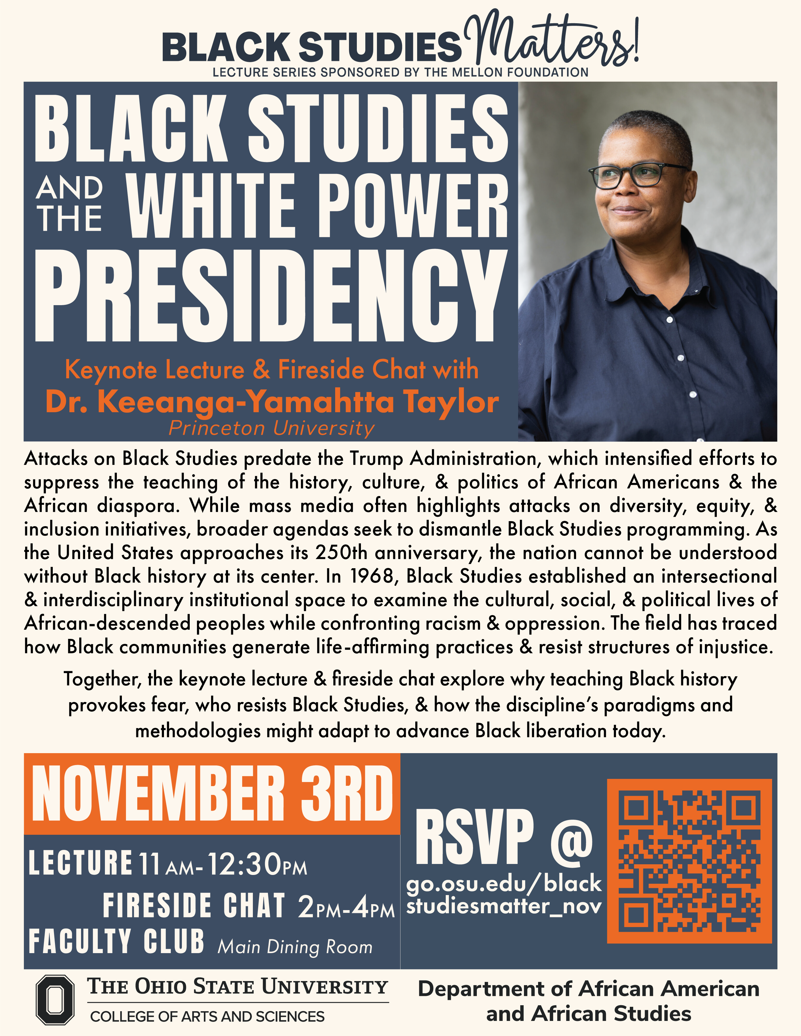 This is a flyer for Lecture and Fireside Chat on Black Studies and the White Power Presidency