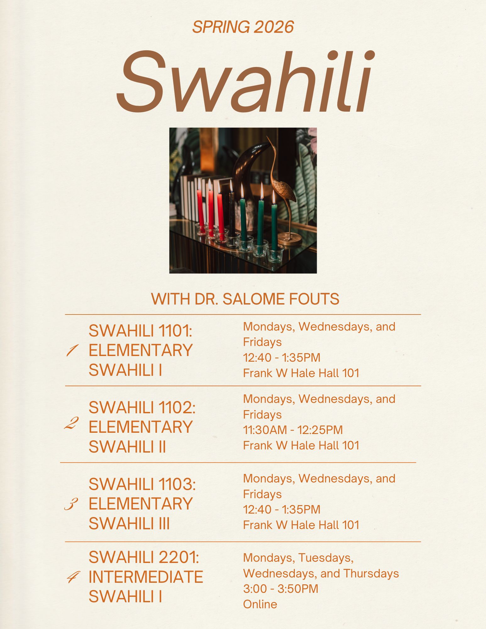 This is a flyer for the Swahili language course offerings.