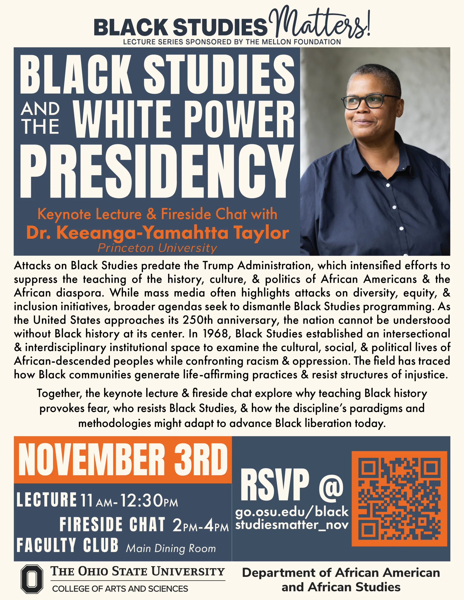 This is a flyer for Lecture and Fireside Chat on Black Studies and the White Power Presidency 